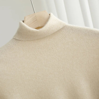 Men 100% Merino Wool Sweater Turtleneck Knitted Pullover Cashmere Warm Solid Color Clothes Business Bottoming Tops Autumn Winter