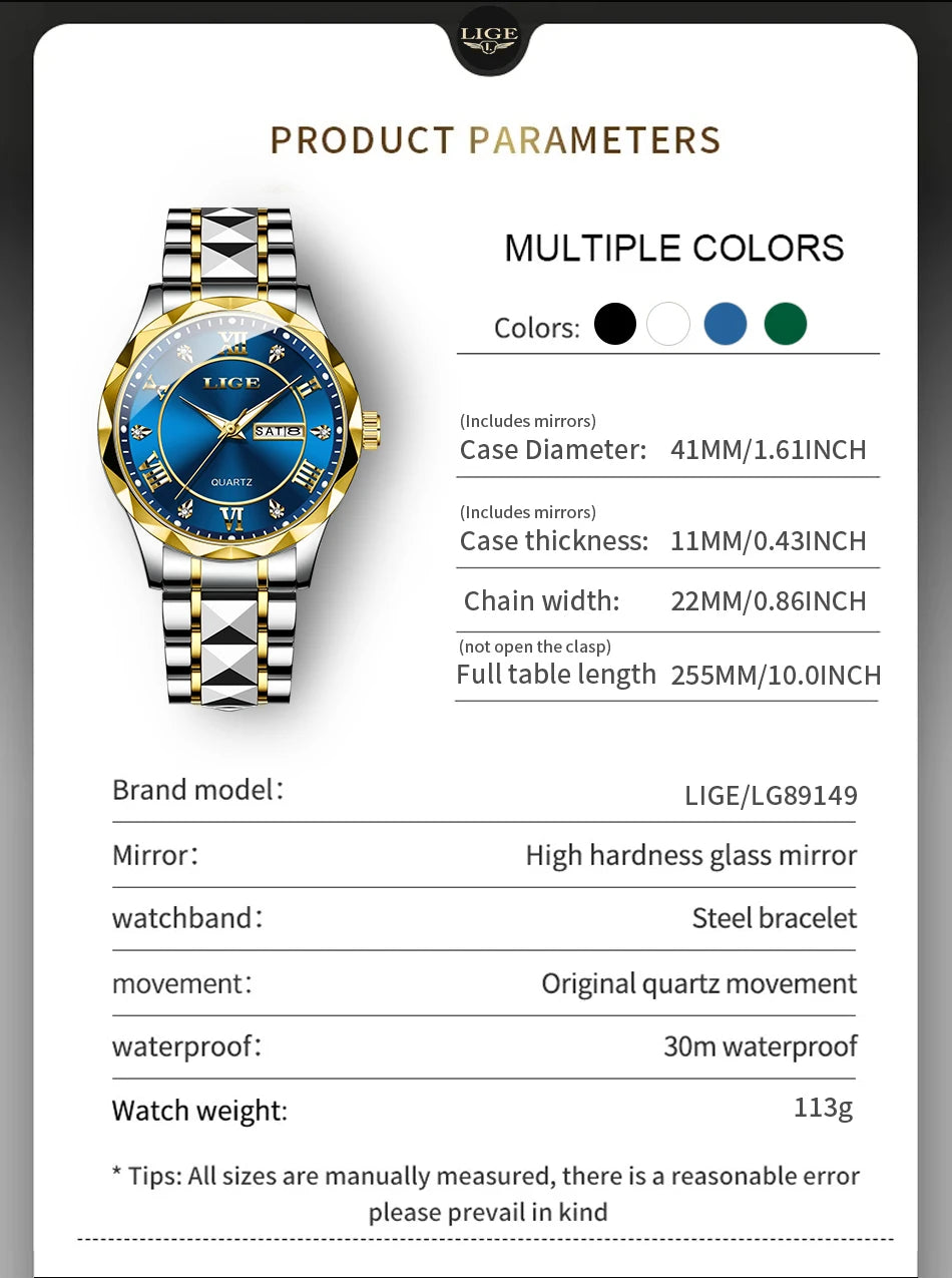 LIGE 2025 brand luxury women's watches waterproof luminous date day Ladies Watch stainless steel quartz watches for women reloj.