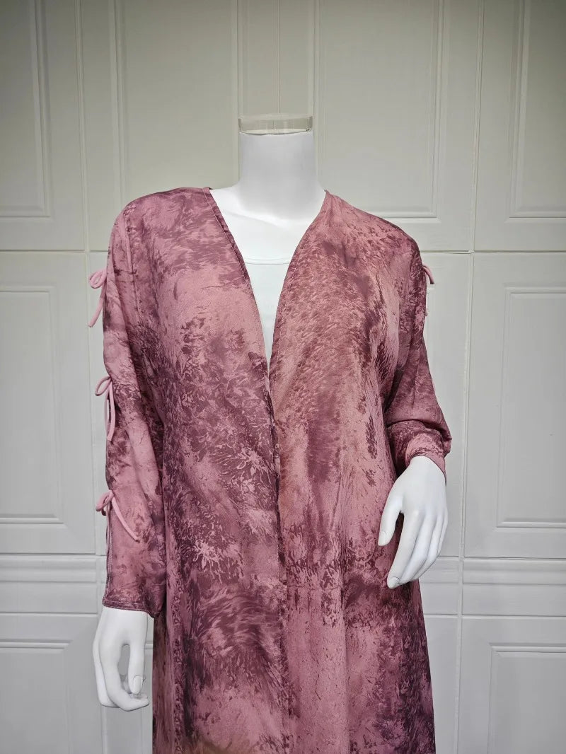 2025 sommer Arabisch Frauen Muslimische Kleidung Ramadan Dubai Offene Abaya Kleid mit Hijab Islam Gedruckt Chiffon 2 Stück Outfit