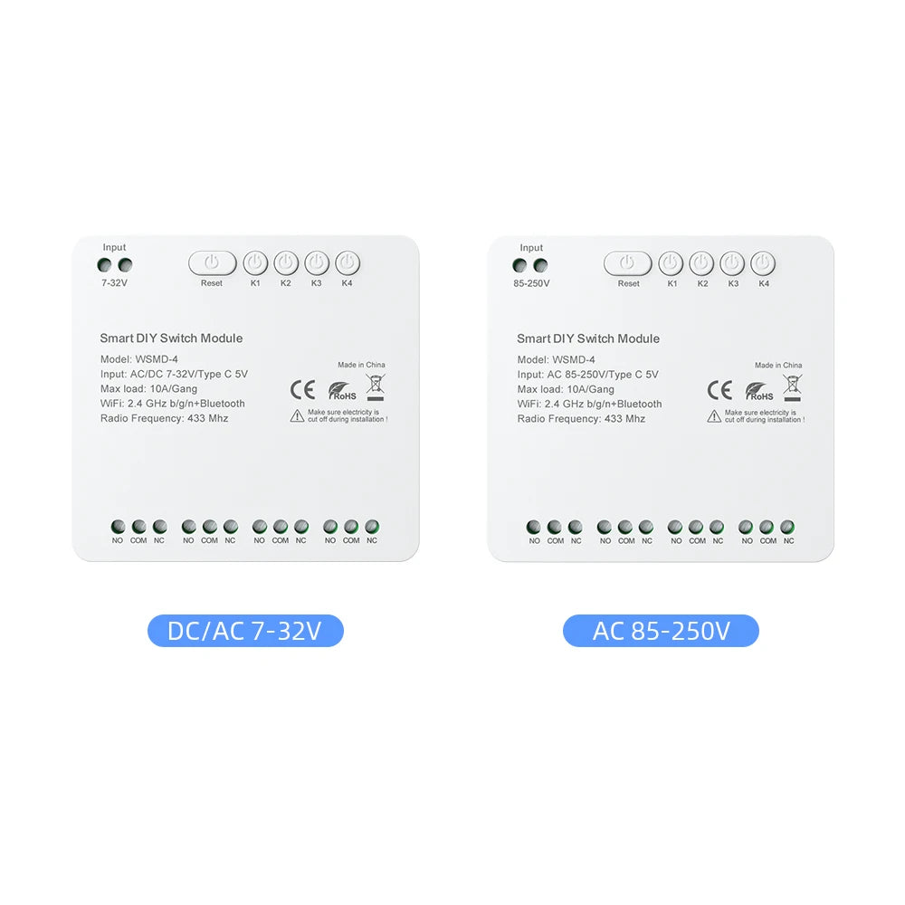 AVATTO Tuya WiFi 4-Kanal-Schaltmodul, 7–32 V/85–250 V RF433 Fernbedienungsrelais-DIY-Modul, funktioniert mit Alexa, Google Home, Alice.