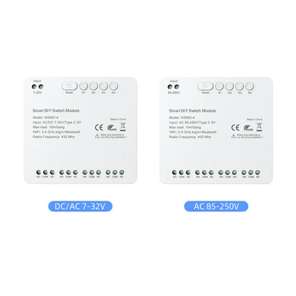 AVATTO Tuya WiFi 4-Kanal-Schaltmodul, 7–32 V/85–250 V RF433 Fernbedienungsrelais-DIY-Modul, funktioniert mit Alexa, Google Home, Alice.