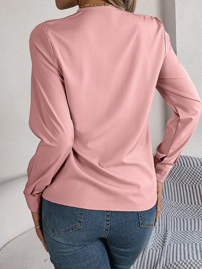 Summer And Autumn Women's Casual Shirt, Commuting Style Solid Color V-neck Long Sleeve Shirt Top