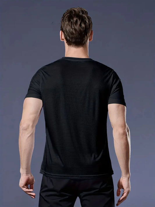 Round Neck T-Shirt 1 Piece Black Ultra-Light Men's Quick Drying Breathable Sweat-Absorbent Shirt Suitable for Fitness Gym and Ru.