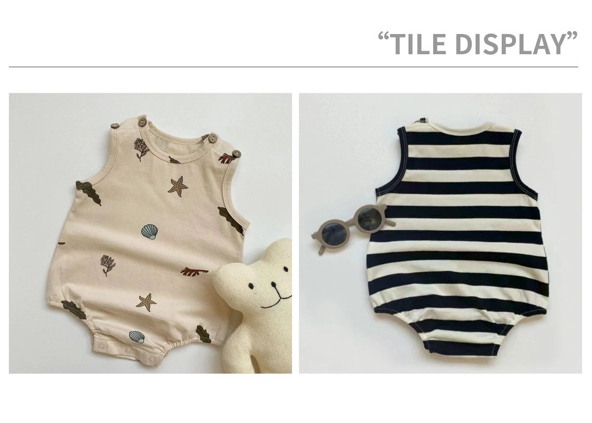 2-teilige Baby-Jungen-Kleidung für Neugeborene, Bodys, Baumwolldruck, ärmellose Säuglingskleidung, Cartoon-Bebes, Kleinkind-Overall, 0–18 Monate.