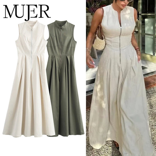 MUJER Zipper Langes Kleid Frau Plissee Ärmelloses, Figurbetontes Kleid Sommer Elegante Party Kleider Für Frauen 2025, Neue Midi Kleider.