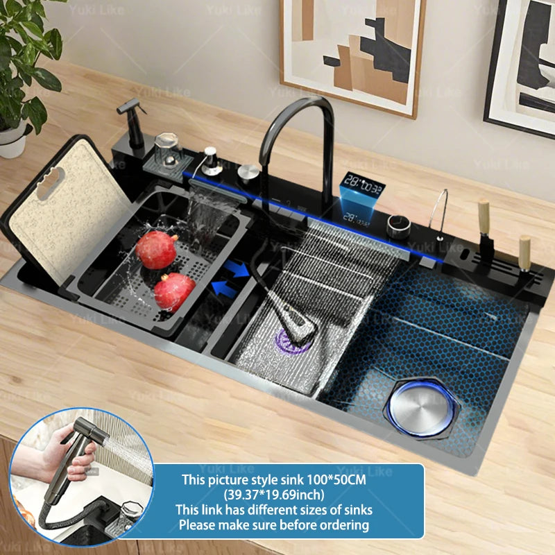 New Stainless Steel Waterfall Kitchen Sink  Large Single Slot Many Different Styles of Sinks Multifunctional Wash Bowl