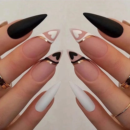 24pcs/set Long Stiletto Fake Nails Punk Snake Pattern Black White Matte False Nails Artificial Full Nail Tips Manicure Tools