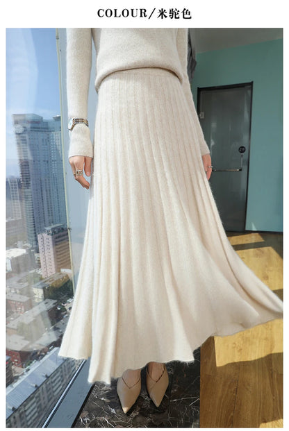 mink cashmere skirt Fashion long dress women A-line skirt autumn winter loose pleated skirt elegant high-waisted skirt ladies.