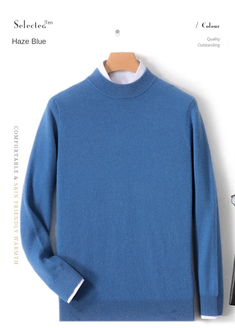 100% Pure Merino Wool Men's Semi High Neck Pullover Solid Color Plus Size Casual Sweater Autumn And Winter Sports Cashmere Top
