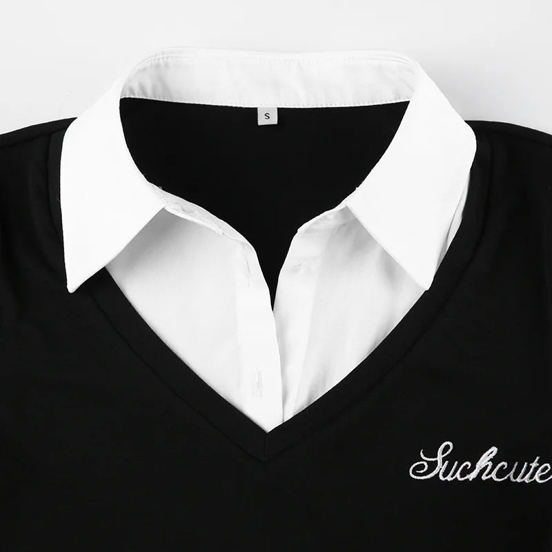 Women's Short Sleeve T-Shirt, Slim, Turn-Down Collar, Preppy Style, Patchwork, Casual, Summer Fashion, Fake 2 Piece, 2024.