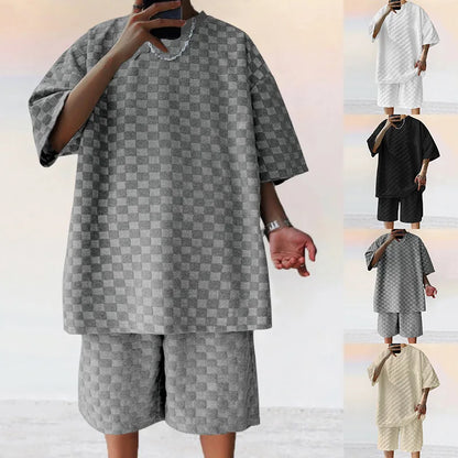 European and American Oversized Fashion Brand Men's Summer New Chessboard Plaid Loose Sports and Leisure Two-Piece Set
