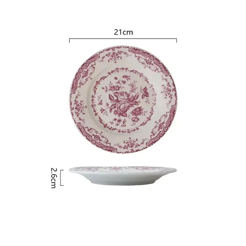8/10Inch French Vintage Rose Ceramic Plate European Style Dinner Dishe Plates Salad Dessert Dinner Dish Household Art Tableware.