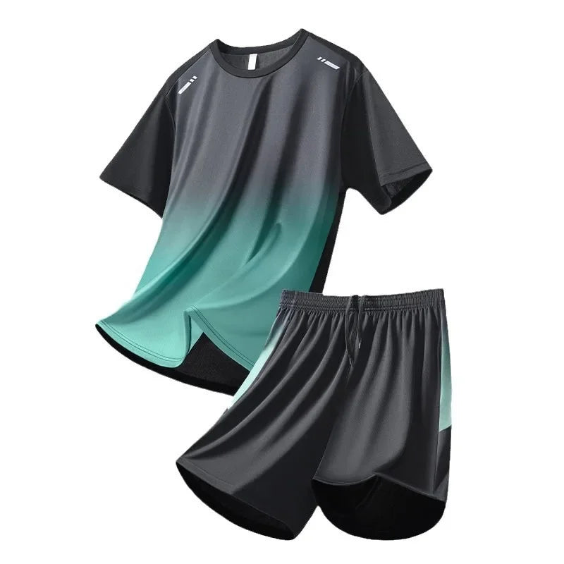 Men's Fitness Ice Silk Sports Suit Short Sleeve Training Room Basketball Morning Run Summer Outfit Shorts And T-shirt Set.