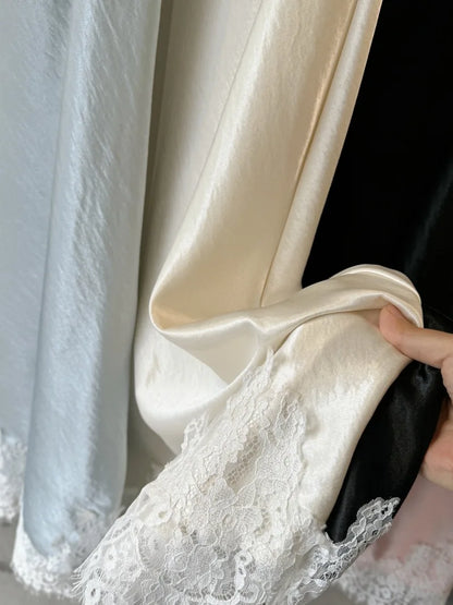 Satin Lace Patchwork Midi Skirt 2025 Women A-line Elegant Smooth Skirt Women Clothing.