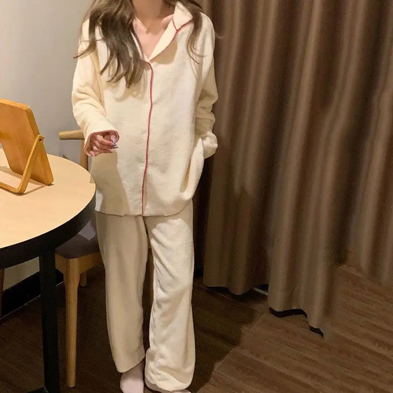 Flannel Women's Pajamas Sets Casual Autumn Winter Sleepwear Velvet Pyjama Ladies Cardigan Simple Bedroom Soft Warm Home Clothes.