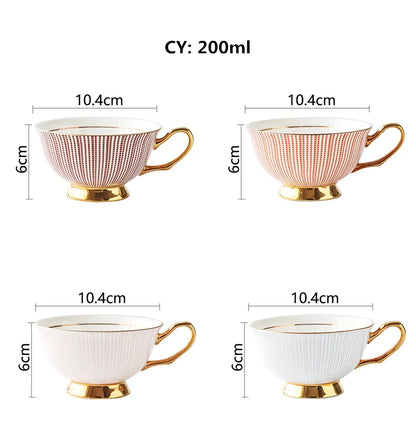 Bone China Tea Cup Saucer Spoon Set 200ml Elegant Coffee Cup Gold Porcelain Tea Set Ceramic Teacup Cafe Espresso Cup British Mug.