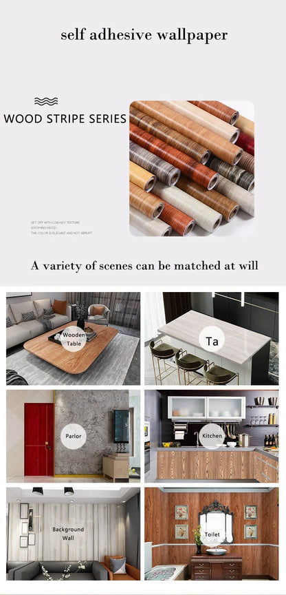 Self-adhesive Wall Wallpaper Wood Grain Striped Peel and Stick Wallpaper Removable Self-adhesive Vinyl Furniture Dormitory Home