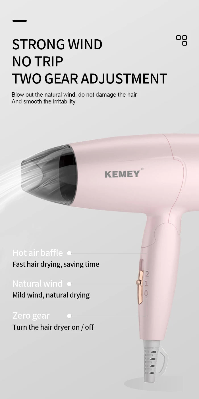 Kemei Portable Handle Compact Hair Dryer Foldable Low Noise Blower Dryer Hot Wind Long Life for Outdoor Travel 950W Student Use