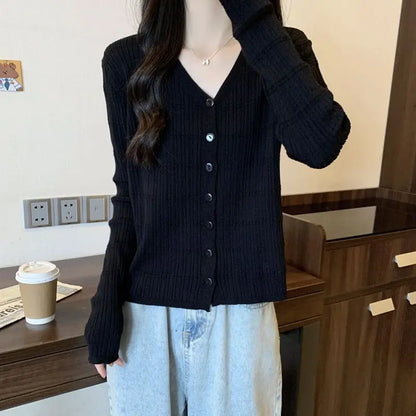 Women's Long-sleeved Button Cardigan Solid Color Casual Loose Fashion Top.