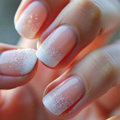 24Pcs Short False Nails with Shimmery Powder Ballet Nail Art Full Cover French Sheer Wearable Nail Manicure Tips for Girls Daily