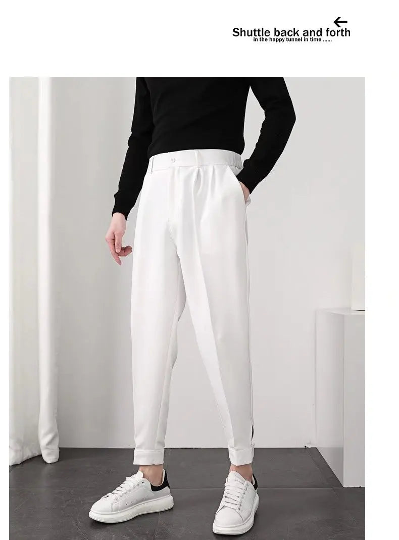 Fashion Men Casual Pants Elastic Waist Small Feet Slim Korean Style Pleated Tapered Male Blazer Pants Trousers Streetwear.