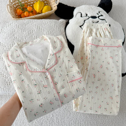 Sweet Little Floral Pajamas Women's Spring and Autumn Long Sleeves New High-Value Niche Pajamas Loungewear Wrinkle Cloth Set.