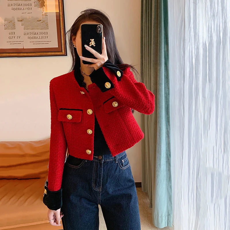 Mode Nähen Tweed Kurze Jacke Frauen Herbst Winter Elegante Büro Dame Mantel Y2K Koreanische O Neck Einreiher Crop Outwear.