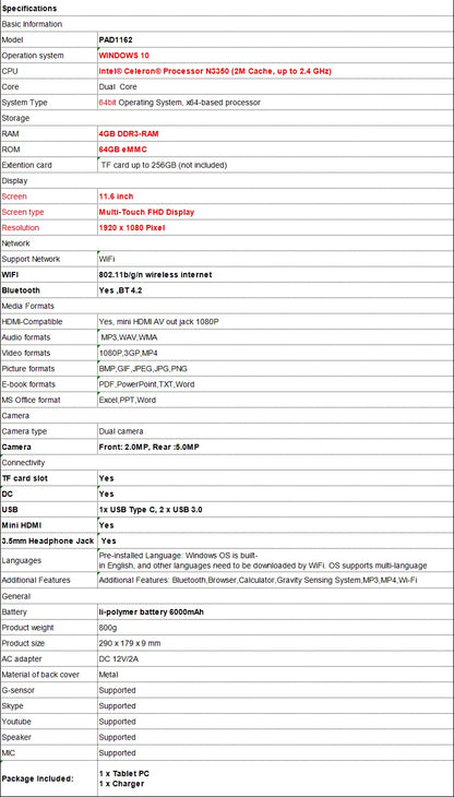 11.6 INCH  PAD1162  WINDOWS 10 Tablet PC 64 Bit 4GB DDR3-RAM 64GB eMMC N3350 CPU Dual  Core 1920 x 1080 Pixel Type C HDMI-Com.
