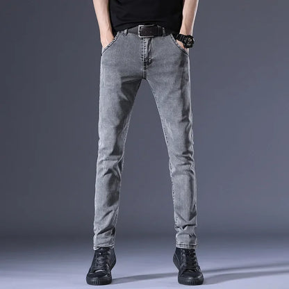 Slim Fit Men's Jeans Casual Elastic Korean Style Autumn Grey Trendy Long Pants Versatile Slim Legged Casual Trousers.