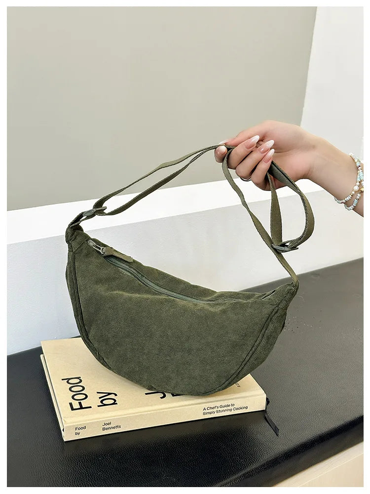 Solid Color Corduroy Women's Hobos Shoulder Bag Retro Casual Female Crossbody Bags Ladies Daily Travel Handbags Messenger Bag