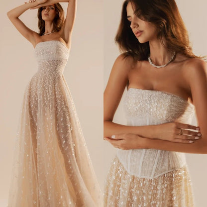 Maßgeschneidertes Temperament, trägerloses, ärmelloses Abendkleid, hochwertige Tüll-Abschlussballkleider, zarte Blumen, Brautparty-Kleider.