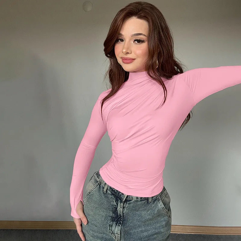 New fashion women's casual slim fit pleated high neck long sleeved solid color top t-shirt.