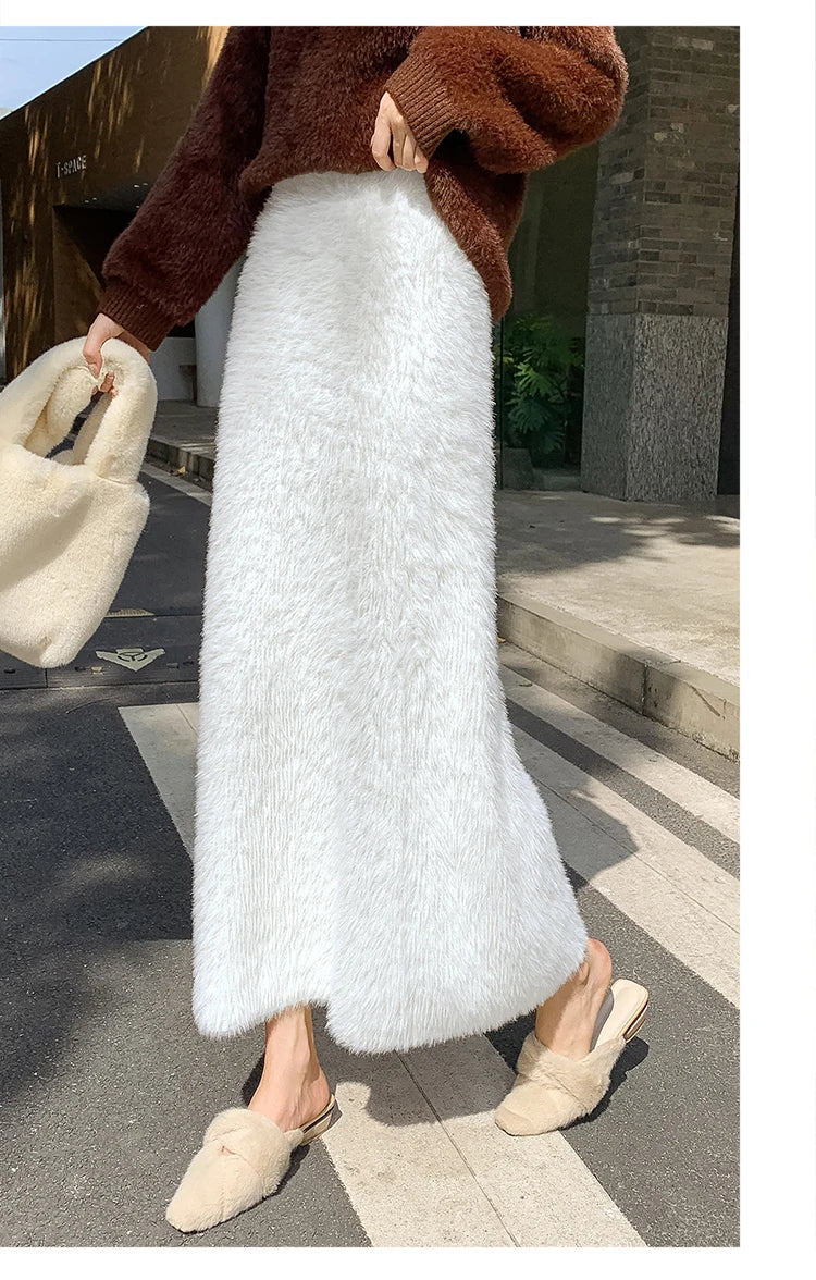 Autumn Winter New Knit Long Skirt Women Casual Thick Korean High Waist Soft A-Line Skirt.