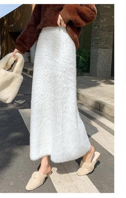 Autumn Winter New Knit Long Skirt Women Casual Thick Korean High Waist Soft A-Line Skirt.