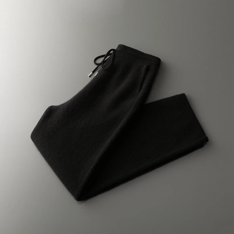 4PINK Thickened 100% Pure Cashmere Pants Men High Waist Knitted Wide Leg Pants Solid Color Lace Up Straight Pants Elastic Waist