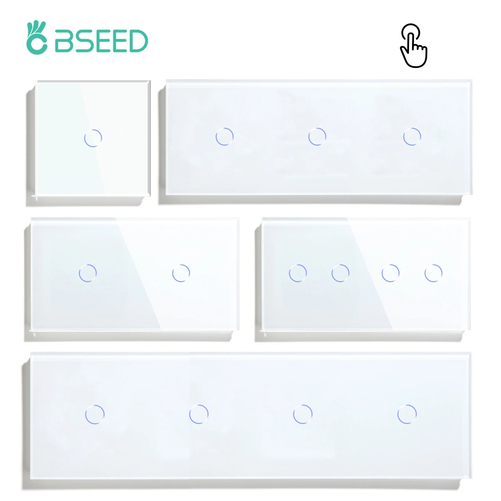 BSEED Touch-Schalter, 1/2/3 Gang, 1-Wege-Wandlichtschalter, blaue LED-Hintergrundbeleuchtung, Glas, Sensorbildschirm, Heimschalter, Weiß, EU-Standard.
