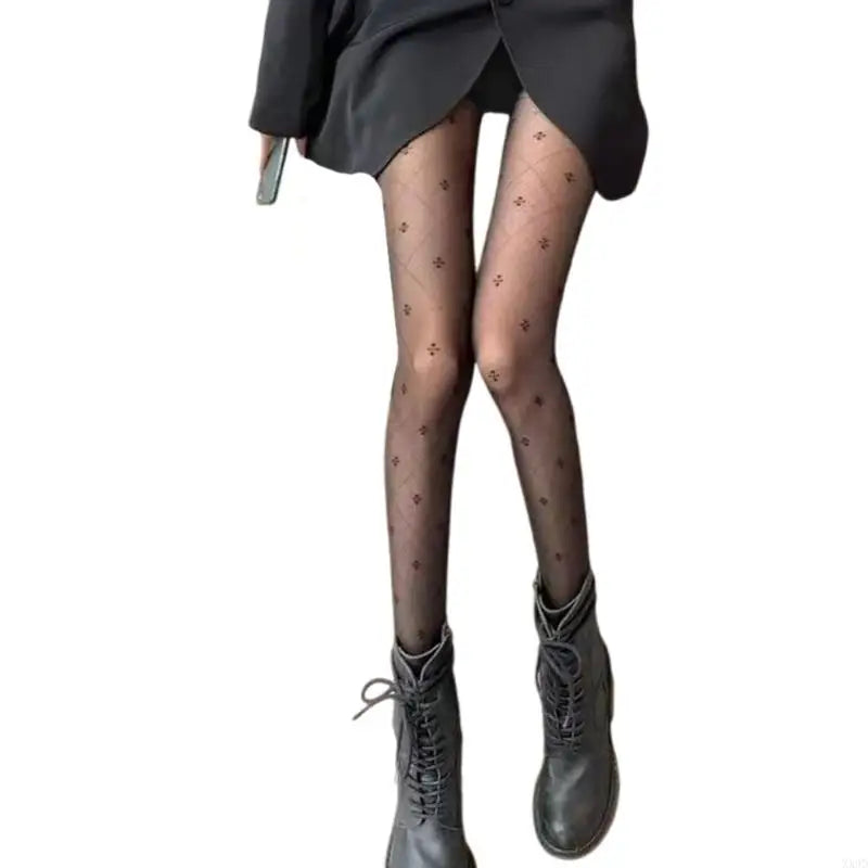 Elegant Four Leaf Jacquard Sheer Pantyhose Soft Stretchy Mesh Tights for Women.