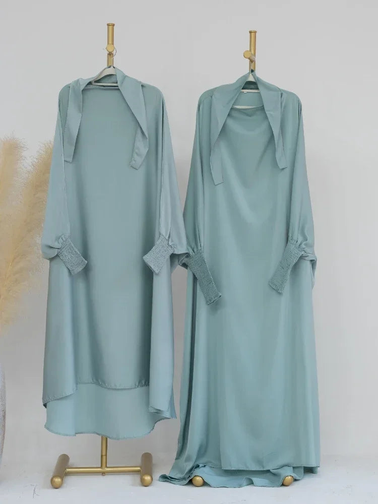 Ramadan Muslim Robe 2 Piece Set Mommy & Kids Prayer Garment Hijab Dress Women Girls Hooded Abaya Niqab Islam Dubai Eid jilbab