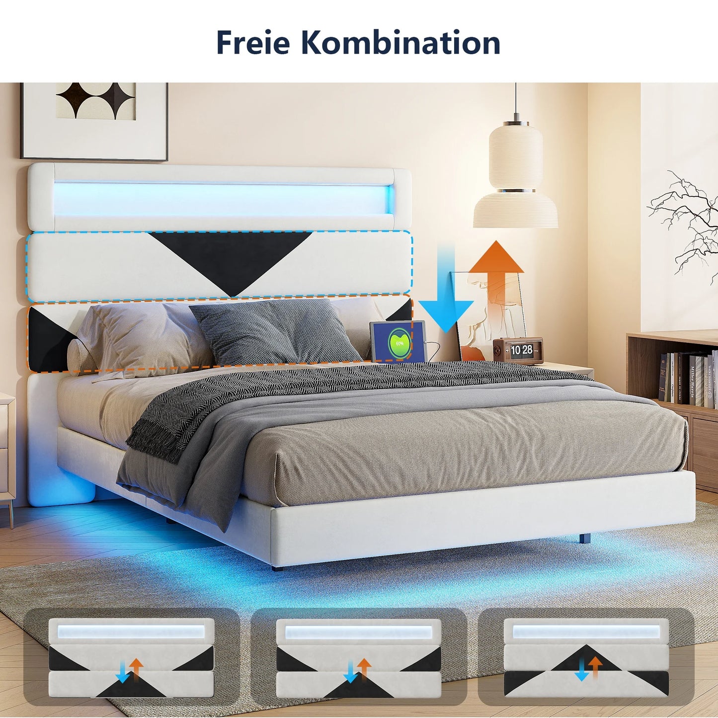 Anajqaqia Doppelbettgestell, 160 x 200 cm, verstellbares Kopfteil in Beige und Schwarz mit Lichtleiste und USB-Doppelladeanschluss