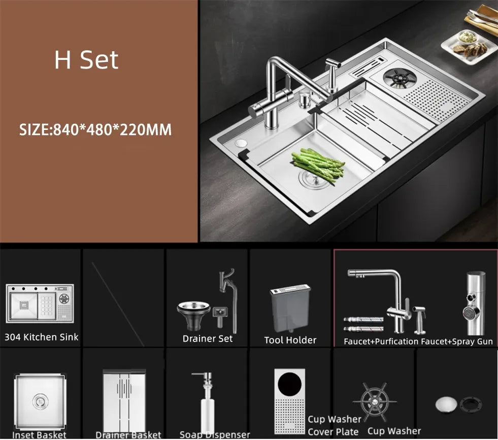 Large Size Nano Meter Cup Rinser Stepped Kitchen Sink 304 Stainless Steel 4mm Thickness Handmade Sinks With Knife Holder