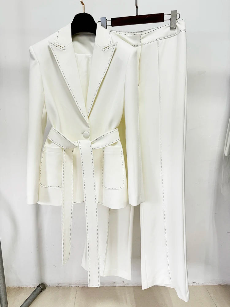 HIGH STREET Newest Fashion 2024 Designer Suit Set Women's Contrast Stitching Belted Blazer Pants Suit 2pcs.