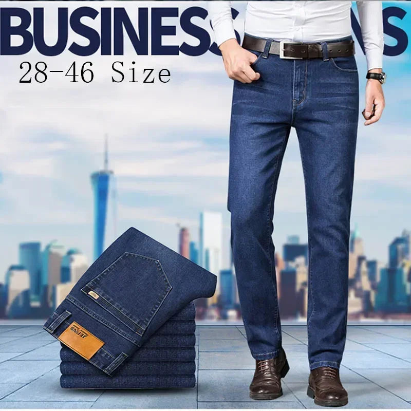 Baggy Jeans Men Large Size 2025 New Business Casual Stretch Trousers Classic Blue Denim Pants Male Men's Loose Straight Jeans.