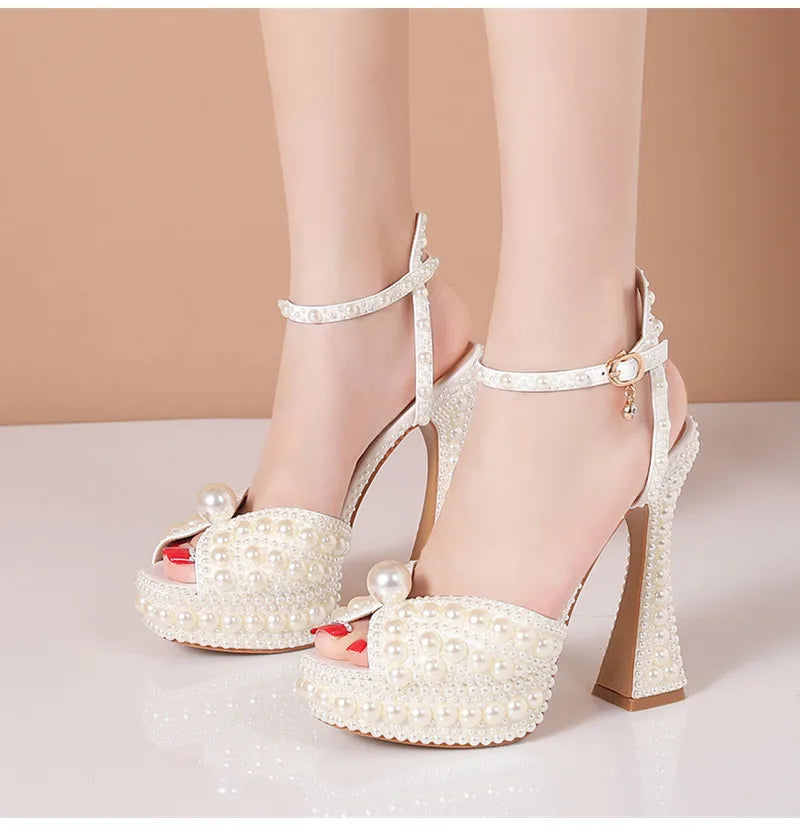 Summer Beaded Thick Heeled Women Gladiator Sandals Luxury Pearls Platform Wedges 14cm High heels Fashion Wedding Banquet Shoes.