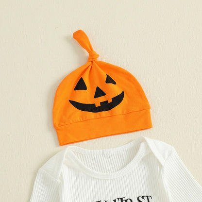 Baby Mädchen Halloween Baumwolle 3-teiliges Set 0-18 Monate Kleinkind Jungen Langarm Kürbis Print Onesie + Gestreifte Hose + Hut Festliches Outfit.