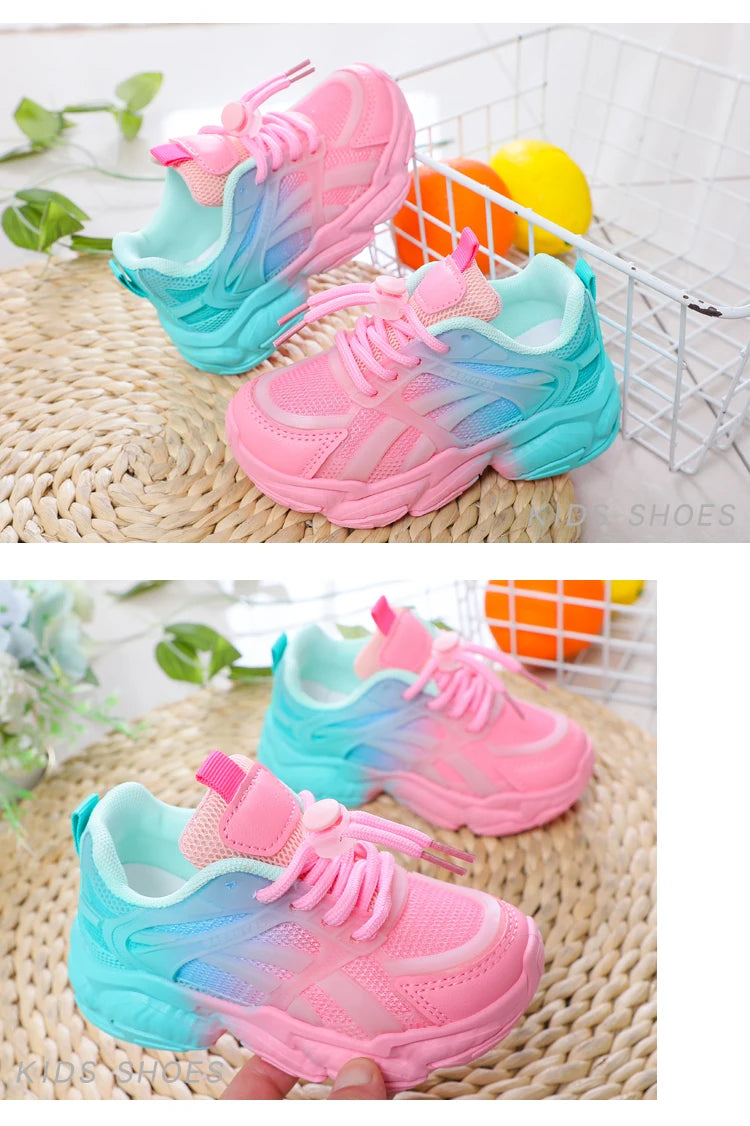 Girls Cute Gradient Mesh Sneakers Low Top Breathable glowing Platform Sports kids Shoes.