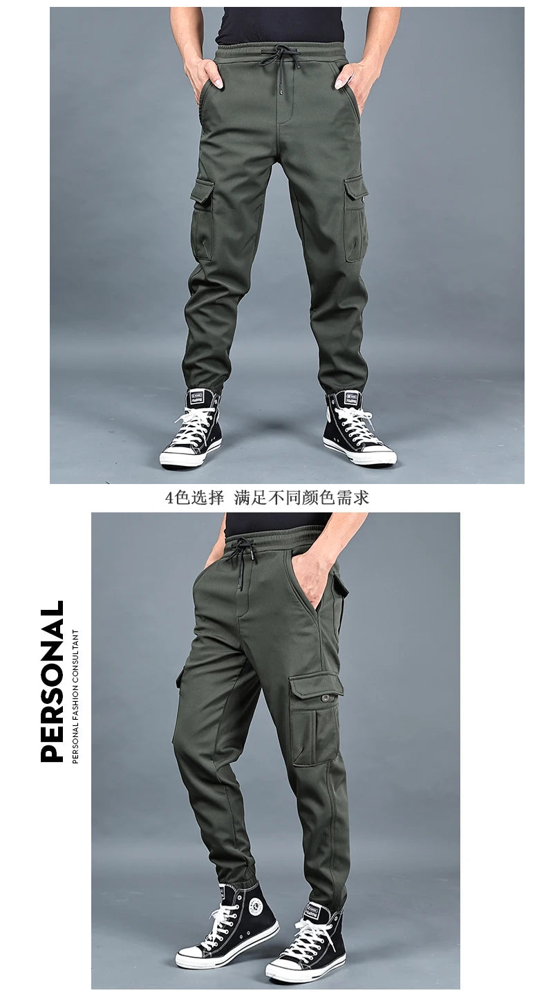 Autumn and winter loose ankle multi pocket work pants for men, winter oversized sports pants, trendy brand with plush and thick.