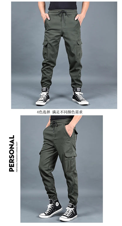Autumn and winter loose ankle multi pocket work pants for men, winter oversized sports pants, trendy brand with plush and thick.