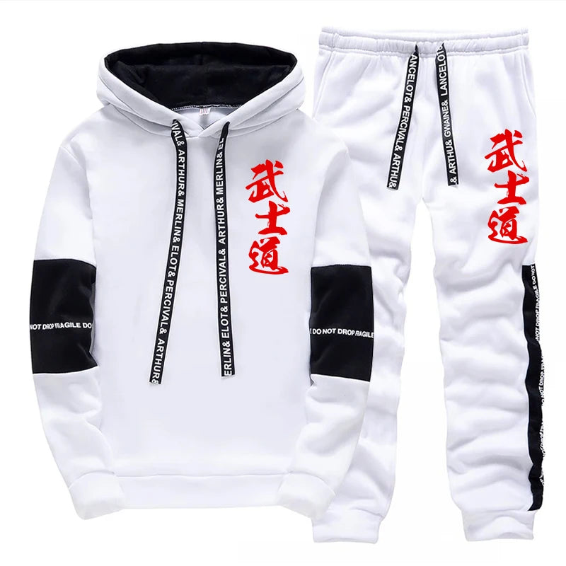 Japanese Bushido Print Hoodie Sweatpants Men's Tracksuit Autumn Winter Daily Casual Sporty Jogger Set Urban Fashion Sportswear.