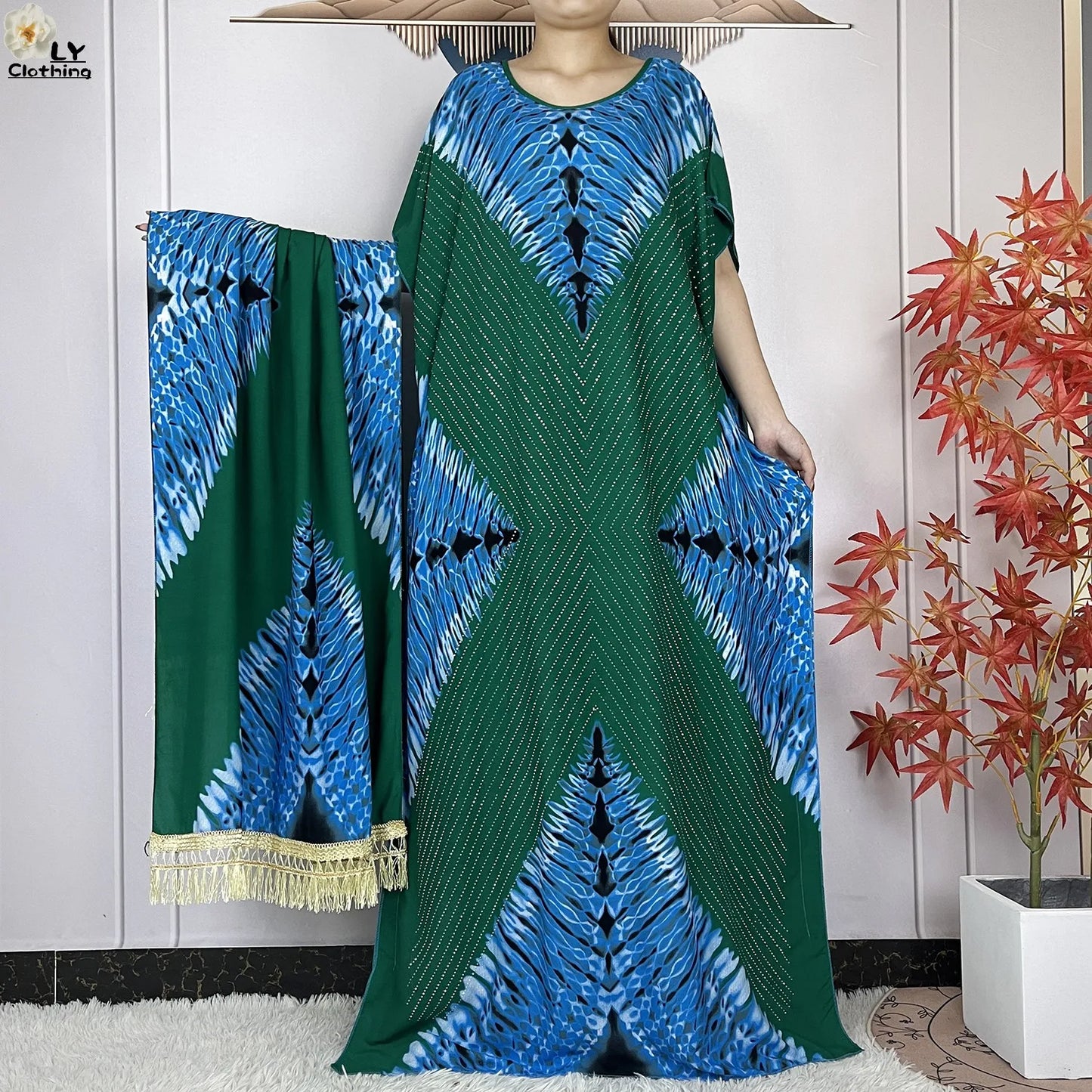 2024 New Muslim Women Dashiki Printed Dress Flower Diamonds Loose Dress With Big Scarf Islamic African Women Short Sleeve Abaya