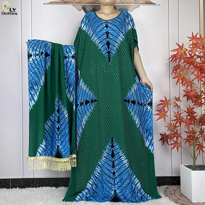 2024 New Muslim Women Dashiki Printed Dress Flower Diamonds Loose Dress With Big Scarf Islamic African Women Short Sleeve Abaya